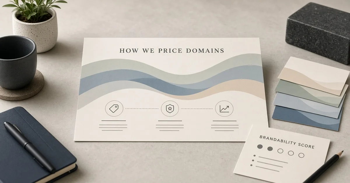 Domain pricing factors on a founder desk
