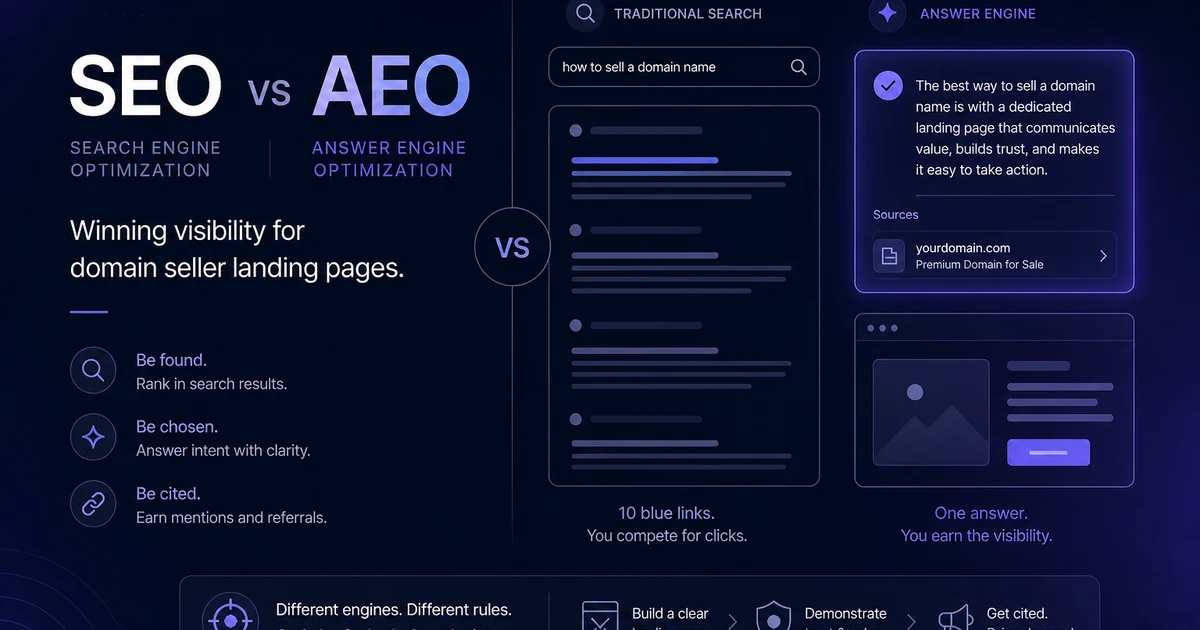 SEO vs AEO for Domain Seller Landing Pages
