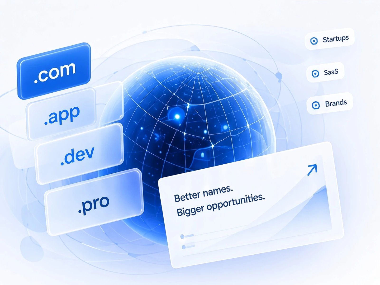 Curated brandable domain names orbiting a globe
